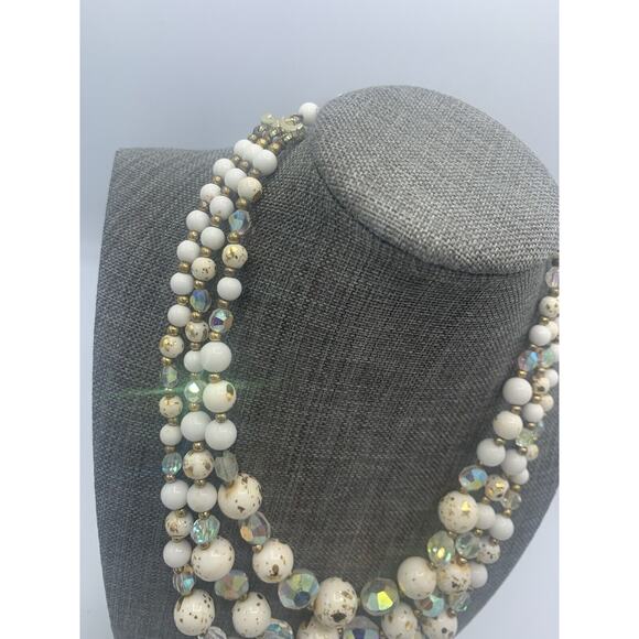 Vtg Coro Triple Strand White Gold Beaded Necklace Aurora Borealis Statement - Picture 3 of 8